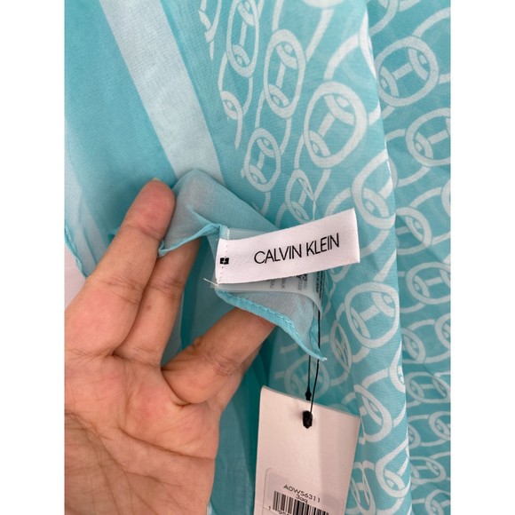 Calvin Klein NWT Chain Print Chiffon Oblong Scarf Border Aquatic Blue OS New - Picture 7 of 9